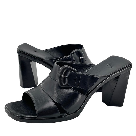 Vintage 90s High Heel Mules Open Square Toe Black Leather Chunky Buckle | 8.5 - Picture 1 of 7